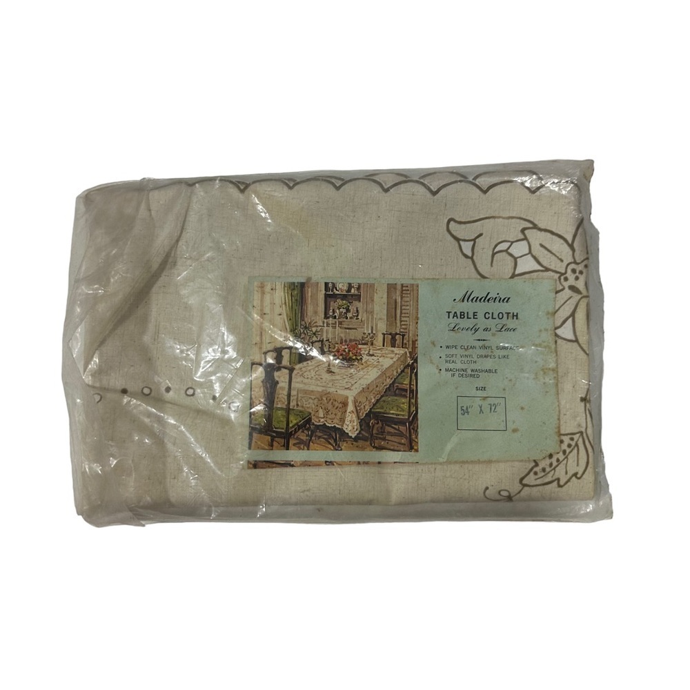 Vintage Maderia Tablecloth Lovely As Lace Soft Vinyl  54x72” Drapes As Cloth NIP